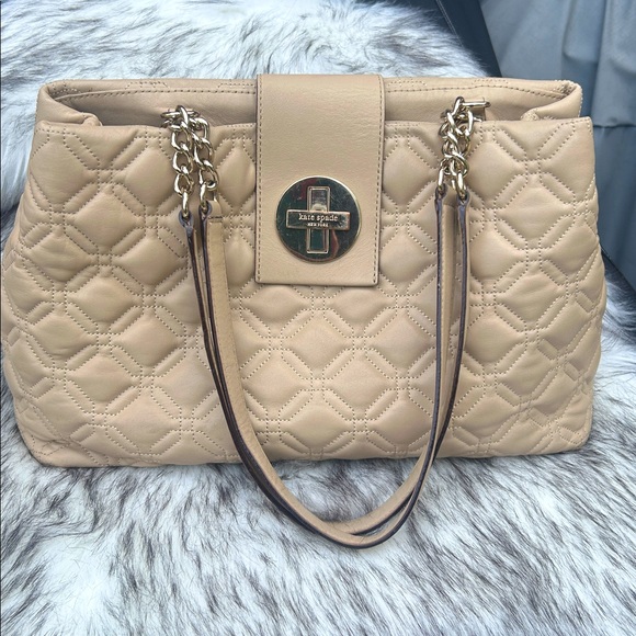 Kate Spade Beige Shoulder Bag with Polka Dot Lining, GUC - Picture 1 of 17